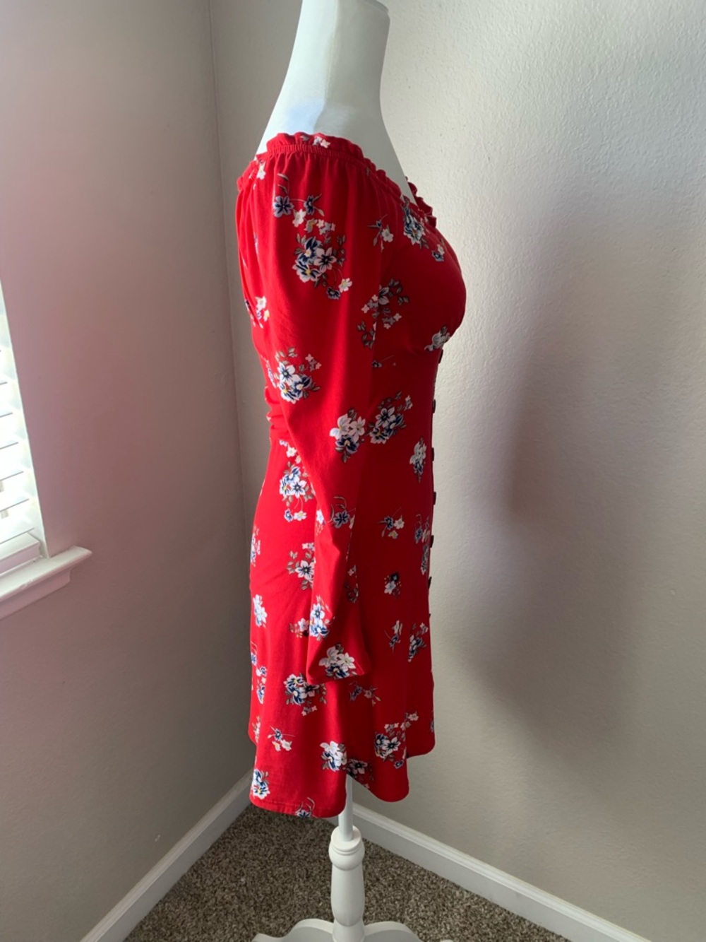 No Boundaries Red Floral Long Sleeve Button-Front Dress - Picture 3 of 6